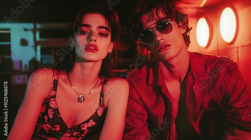 Wallpaper Mural Youth posing in pairs against retro-themed backdrops, bold color combinations, modern fashion styles with subtle vintage touches, confident poses, Torontodigital.ca