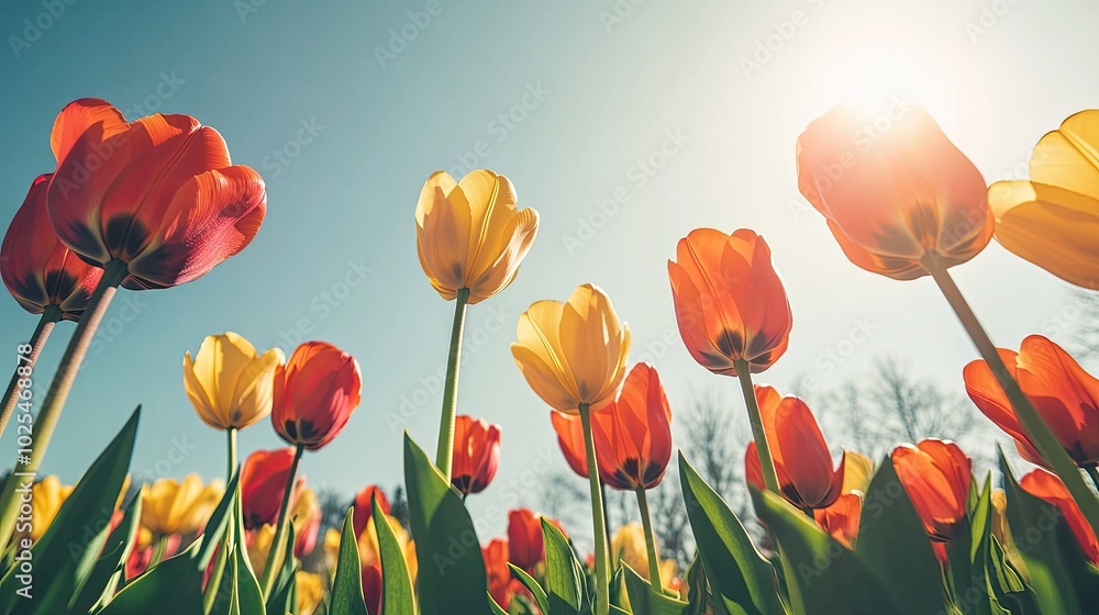 Vibrant Tulip Field Under Sunny Sky Vibrant Tulip Field Under Sunny Sky