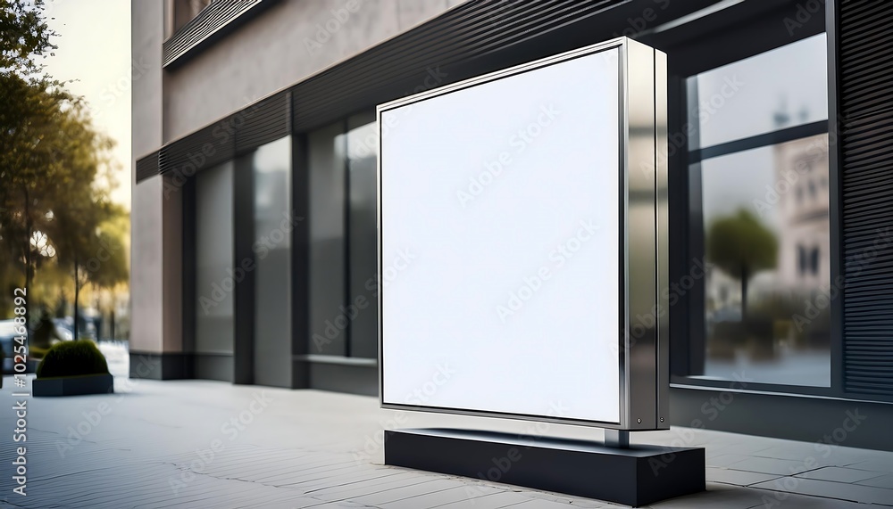 Blank square store brand sign mockup positioned on a street corner during daylight outside a modern building. Generative AI Blank square store brand sign mockup positioned on a street corner during daylight outside a modern building. Generative AI