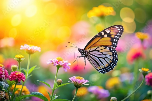 Minimalist butterfly in a spring garden with floral background