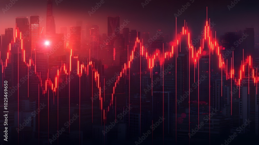 A collapsing financial graph with bright red lines sharply dropping, with a dark, hazy cityscape barely visible through the shadows in the distance. A collapsing financial graph with bright red lines sharply dropping, with a dark, hazy cityscape barely visible through the shadows in the distance.