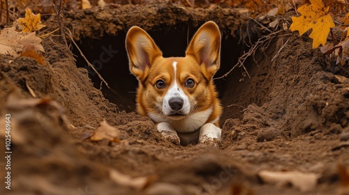 2410_057.pembroke welsh corgi at play, dirt-covered paws, curious expression, pointy ears alert, partially dug burrow, vibrant foliage backdrop, action shot of dog, warm earth tones