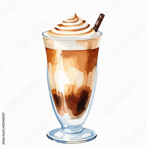 Watercolor illustration of latte macchiato with caramel in a glass drawing by hand isolated on white background. Vector illustration for banner, background, logo, ads, promotion, marketing and over