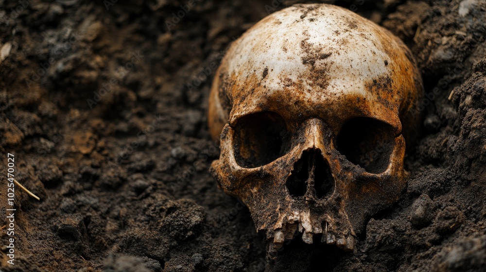 2410_086.partially unearthed human skull, embedded in dark soil, weathered bone texture, archaeological discovery scene, muted earthy tones, high-detail macro photography 2410_086.partially unearthed human skull, embedded in dark soil, weathered bone texture, archaeological discovery scene, muted earthy tones, high-detail macro photography