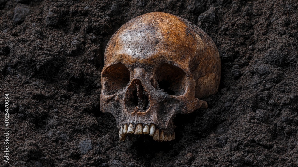 2410_086.partially unearthed human skull, embedded in dark soil, weathered bone texture, archaeological discovery scene, muted earthy tones, high-detail macro photography 2410_086.partially unearthed human skull, embedded in dark soil, weathered bone texture, archaeological discovery scene, muted earthy tones, high-detail macro photography