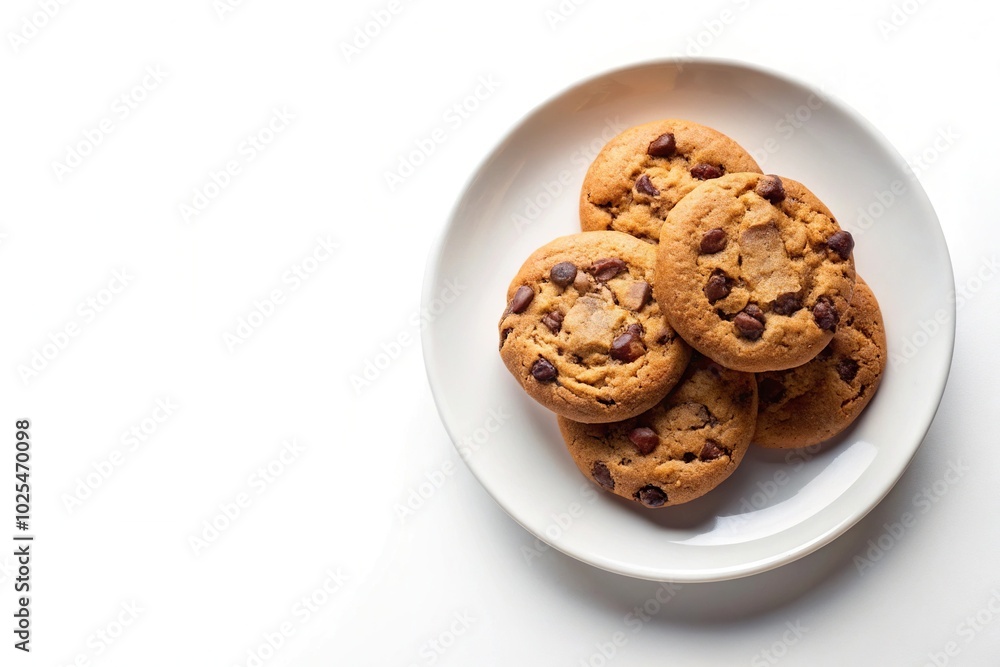 Minimalist chocolate chip cookies on white plate isolated on white background Minimalist chocolate chip cookies on white plate isolated on white background