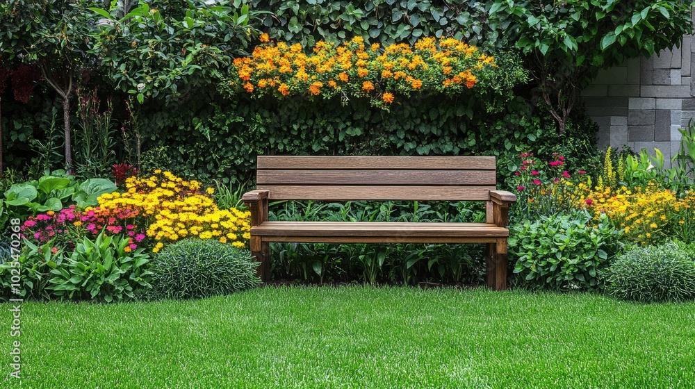 Peaceful Garden Bench Surrounded by Colorful Flowers Peaceful Garden Bench Surrounded by Colorful Flowers