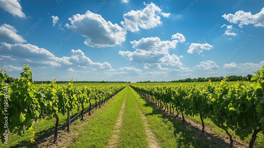 Naklejka premium Lush Vineyard Under Bright Blue Sky