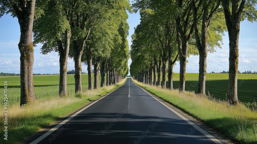 Obraz premium Serene Tree-Lined Country Road in Bright Daylight