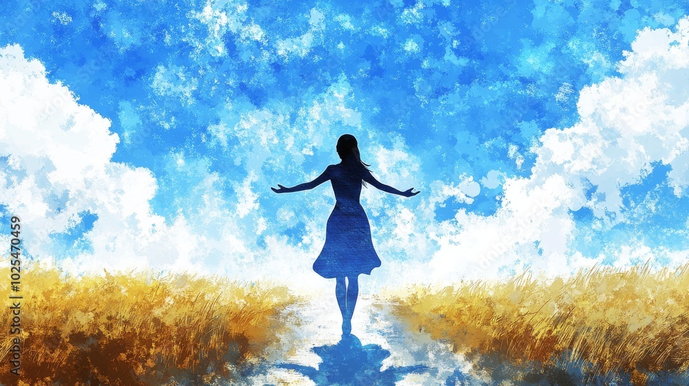 2410_015.female silhouette on winding path, arms wide open, sun-bleached field borders, cumulus clouds in blue expanse, mindfulness in nature concept 2410_015.female silhouette on winding path, arms wide open, sun-bleached field borders, cumulus clouds in blue expanse, mindfulness in nature concept