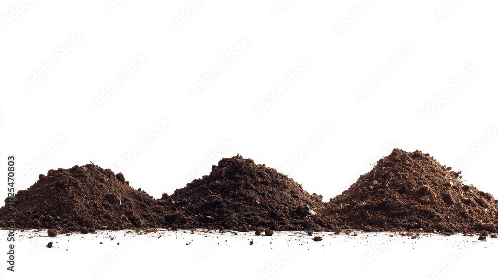 2410_006.three piles of rich brown soil, varying sizes, isolated on white background, high-contrast photography, detailed soil texture, organic matter visible 2410_006.three piles of rich brown soil, varying sizes, isolated on white background, high-contrast photography, detailed soil texture, organic matter visible