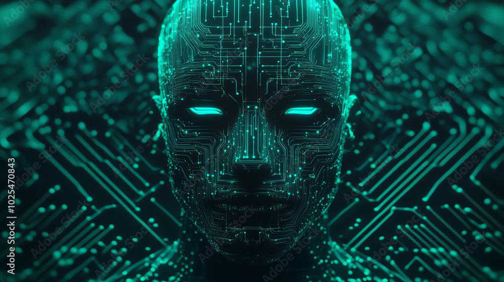 Futuristic humanoid figure with glowing eyes, composed of intricate circuits on a dark background, symbolizing advanced technology and artificial intelligence.