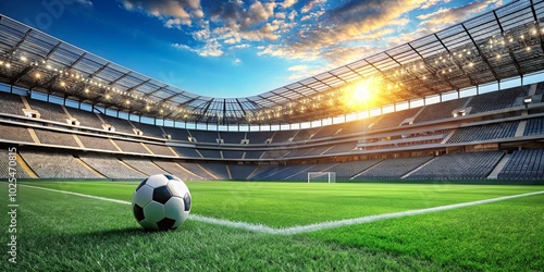 A solitary soccer ball rests on the lush green pitch of a modern stadium, bathed in the golden glow of the setting sun.