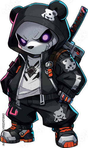 Futuristic Panda Samurai in Dark Hooded Outfit Vector Art