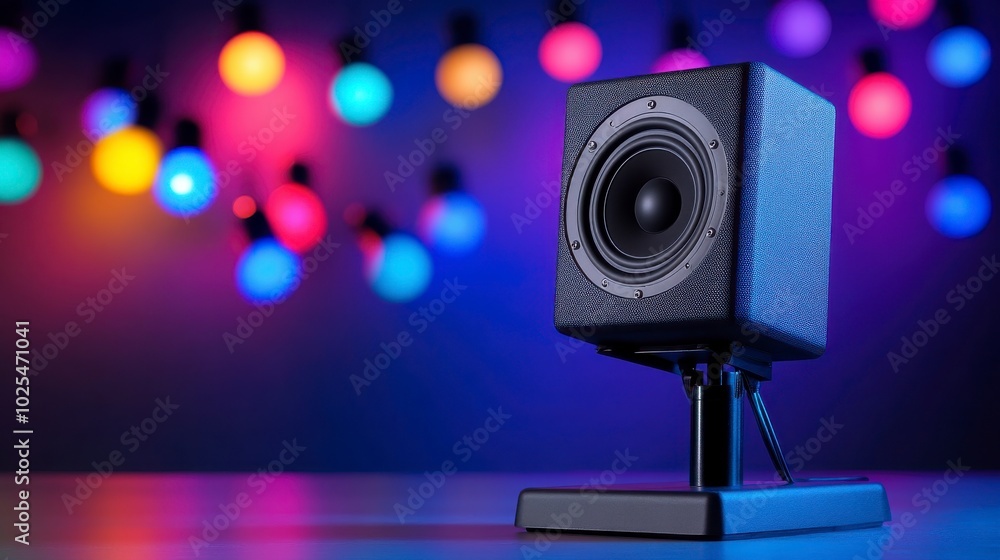 Speaker Vibrance, modern audio device with colorful bokeh lights in background, creating a vibrant immersive vibe Speaker Vibrance, modern audio device with colorful bokeh lights in background, creating a vibrant immersive vibe