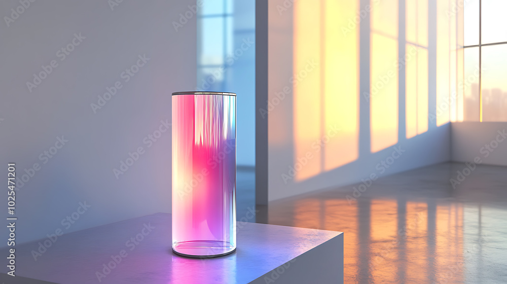 A glass cylinder filled with vibrant pink and orange light sits on a white table in a minimalist room, with a warm, sunlit backdrop. A glass cylinder filled with vibrant pink and orange light sits on a white table in a minimalist room, with a warm, sunlit backdrop.