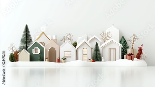 Charming miniature houses and trees on a white background. photo