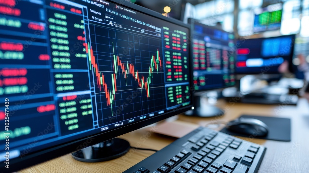 Trading Floor Monitors, Stock Charts Display, Market Data Analysis, Finance Technology, Investment Environment Trading Floor Monitors, Stock Charts Display, Market Data Analysis, Finance Technology, Investment Environment