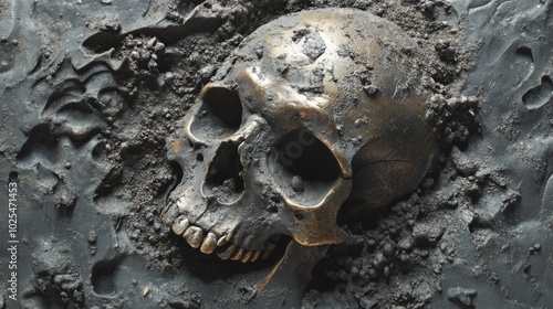 2410_089.time-worn human remains surfacing from gray sediment, intricate bone patterns, fine soil particles adhering to skull, documentary-style composition, subtle lighting accentuating form