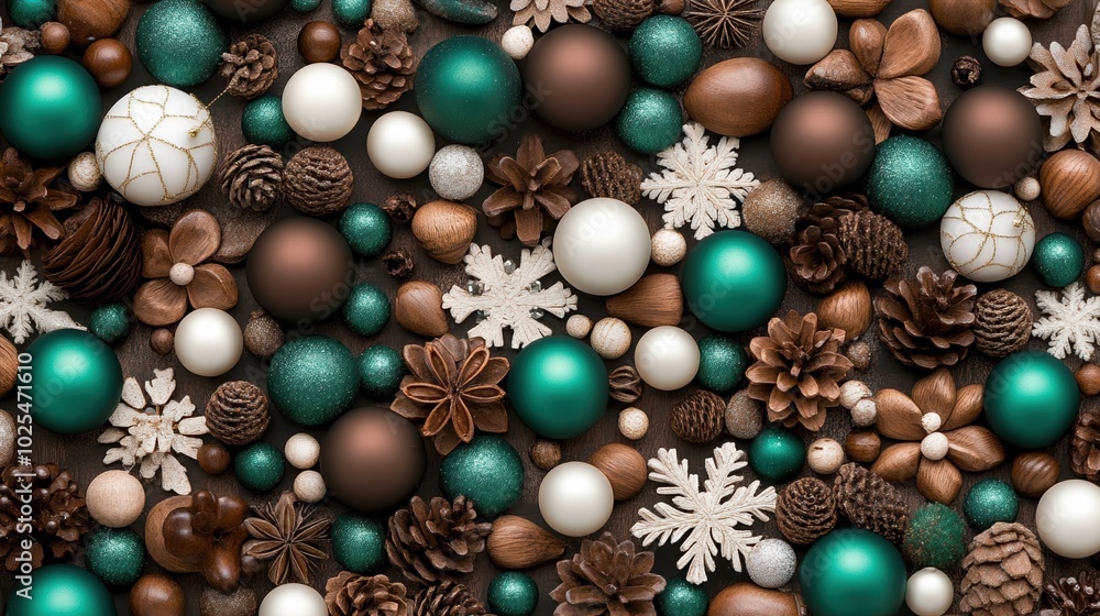 Christmas ornaments and pinecones arranged on a textured surface Christmas ornaments and pinecones arranged on a textured surface