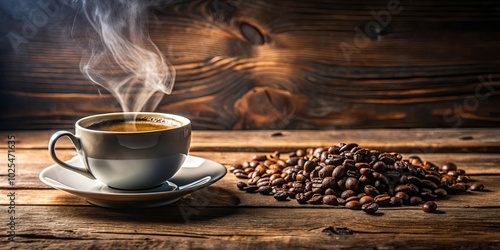 Aromatic Steam Rising from a White Coffee Cup Beside a Scattering of Roasted Coffee Beans on a Rustic Wooden Table