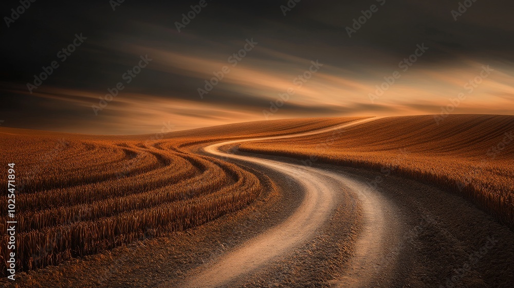 Naklejka premium 2410_063.long exposure shot of winding path through farmland, contrasting textures of smooth road and crop rows, deep perspective lines, ethereal sky gradients, serene agricultural vista