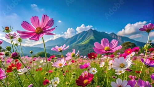 Minimalist colorful cosmos flowers blooming in garden with blue summer sky and mountainous backdrop