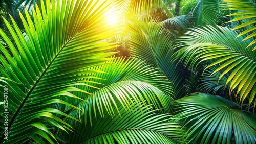 Sunlight filtering through a dense canopy of palm fronds, creating a mesmerizing pattern of light and shadow.