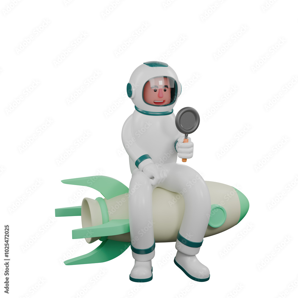 Male Astronaut Cartoon in 3D. A male astronaut sits in a rocket holding a magnifying glass in his right hand. Zero Gravity Illustration Male Astronaut Cartoon in 3D. A male astronaut sits in a rocket holding a magnifying glass in his right hand. Zero Gravity Illustration