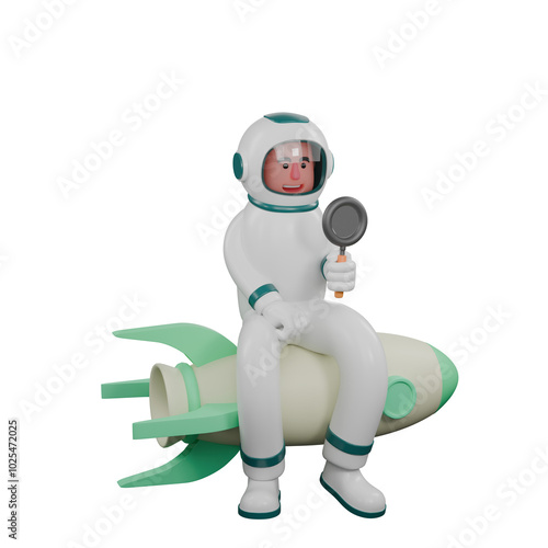 Male Astronaut Cartoon in 3D. A male astronaut sits in a rocket holding a magnifying glass in his right hand. Zero Gravity Illustration