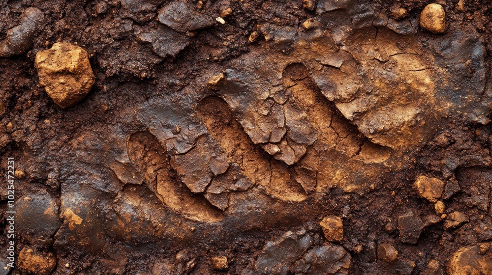 2410_076.close-up of deep boot print in rich brown soil, textured earth surface, intricate tread pattern, scattered pebbles and granules, warm earthy tones, high-contrast lighting, macro photography 2410_076.close-up of deep boot print in rich brown soil, textured earth surface, intricate tread pattern, scattered pebbles and granules, warm earthy tones, high-contrast lighting, macro photography