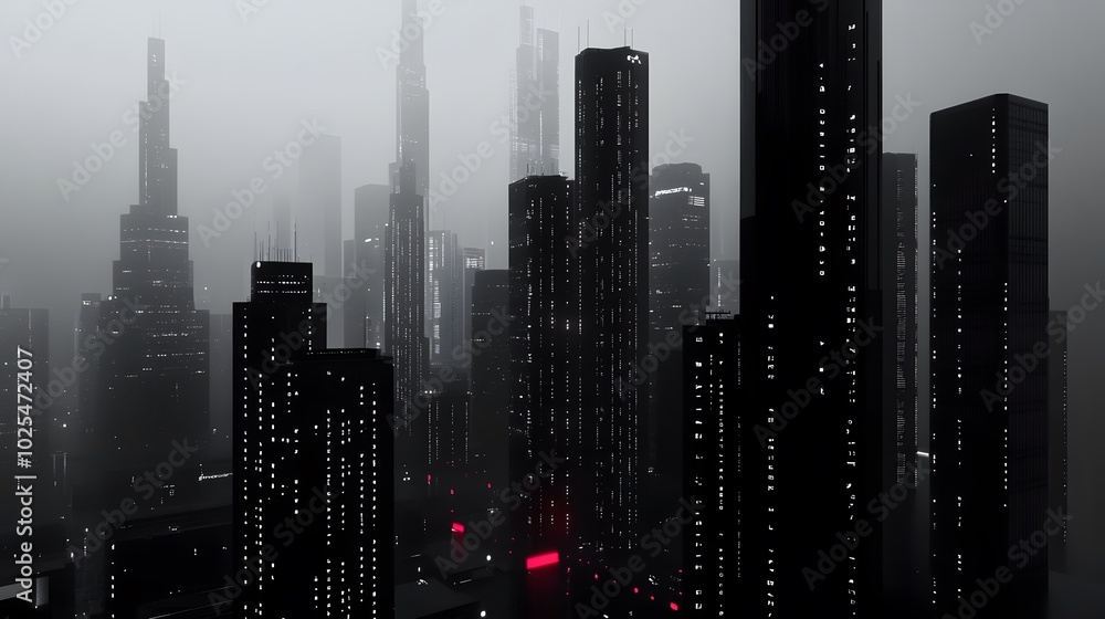 Fototapeta premium Mysterious cityscape at night with towering skyscrapers and fog.