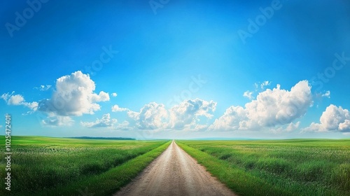 Wallpaper Mural 2410_062.minimalist composition of country lane, lush agricultural lands, symmetrical field divisions, infinite blue sky, subtle cloud patterns, pastoral serenity, high-resolution panoramic capture Torontodigital.ca