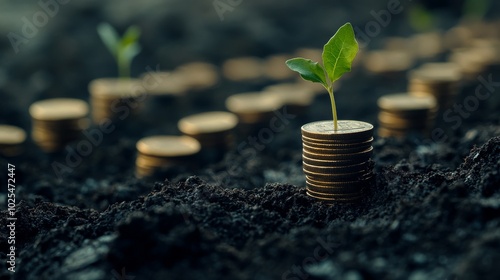 2410_084.graduated coin columns in dark loamy soil, tender green sprout emerging from apex, visual metaphor for investment growth, high-contrast imagery, shallow depth of field photo