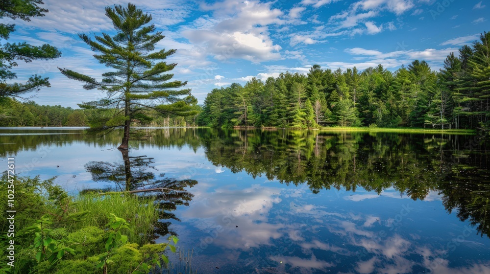 Obraz premium Tranquil Reflection of a Summer Day in a Forest Lake