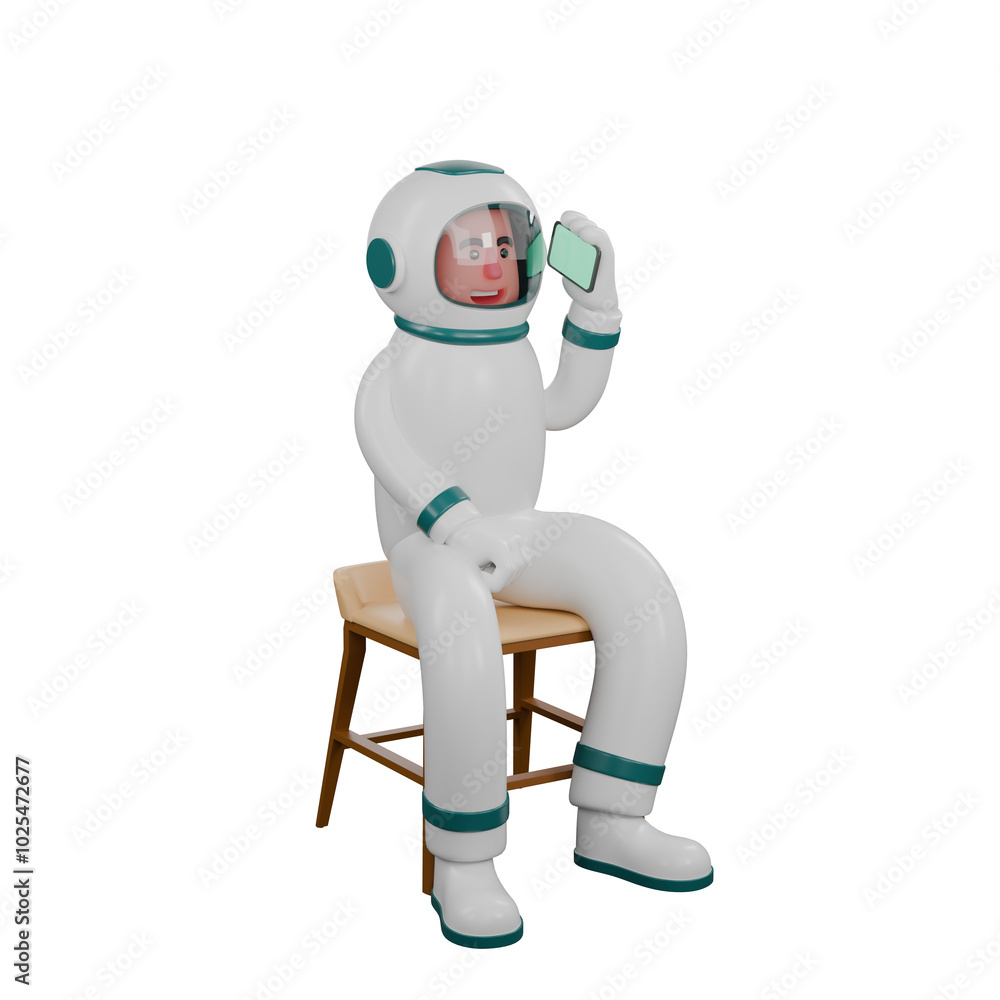 Male Astronaut Character. A male astronaut sits on a chair holding a cellphone in his left hand. 3D Interstellar Explorer Male Astronaut Character. A male astronaut sits on a chair holding a cellphone in his left hand. 3D Interstellar Explorer