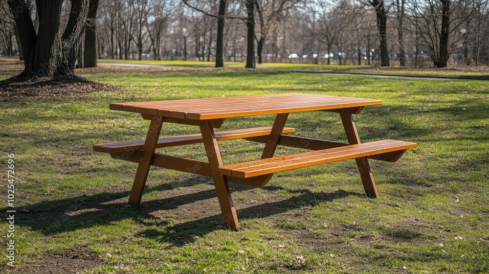 Wooden Picnic Table in a Sunny Park Setting Wooden Picnic Table in a Sunny Park Setting