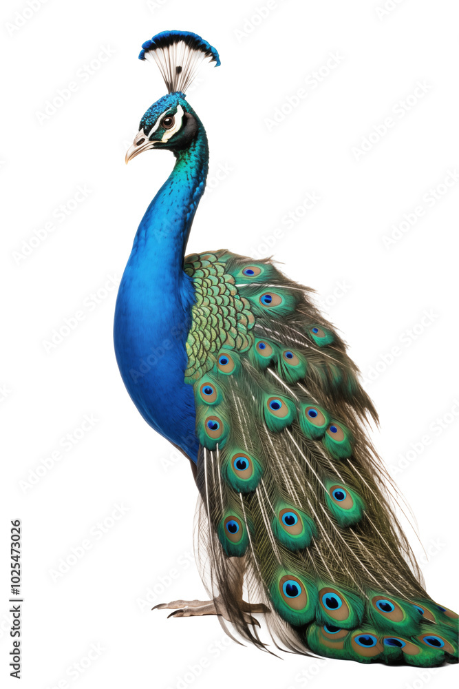 Fototapeta premium Majestic Peacock Standing Tall With Vibrant Blue And Green Feathers Displayed