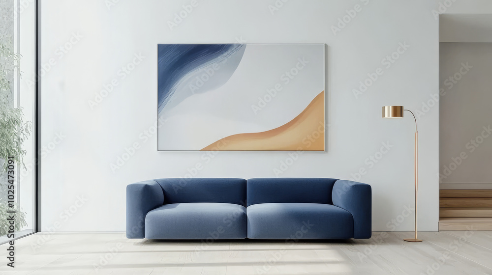A minimalist living room featuring functional blue sofa and large abstract painting. space is bright and airy, emphasizing simplicity and modern design A minimalist living room featuring functional blue sofa and large abstract painting. space is bright and airy, emphasizing simplicity and modern design