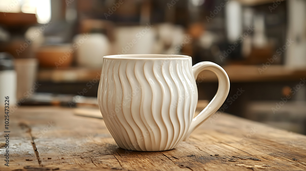 Fototapeta premium A white ceramic mug with a wavy design sits on a rustic wooden table.