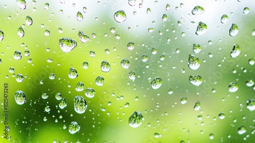 Raindrops on a window pane with a blurred green background.