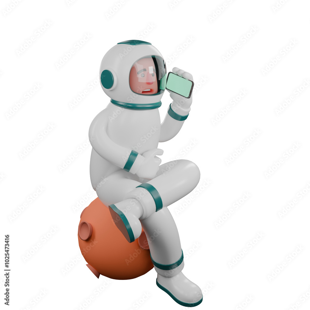 Naklejka premium Professional Astronaut 3D Cartoon. A male astronaut sits on a replica of the moon holding a cellphone in his left hand and his right hand is in front of his stomach. Male Rocket Pilot
