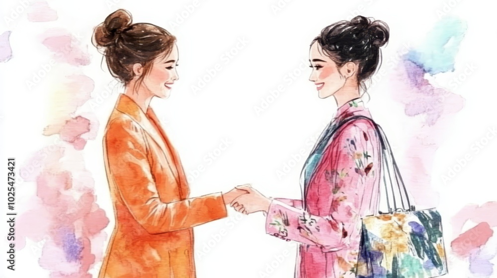 Watercolor Painting of Two Women Shaking Hands Friendship Girlfriends Female Watercolor Art Watercolor Painting of Two Women Shaking Hands Friendship Girlfriends Female Watercolor Art