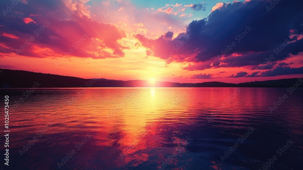 Fototapeta premium Vibrant Sunset Over Calm Lake Waters
