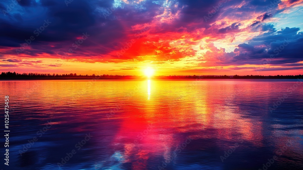 Fototapeta premium Vibrant Sunset Over Calm Water Surface