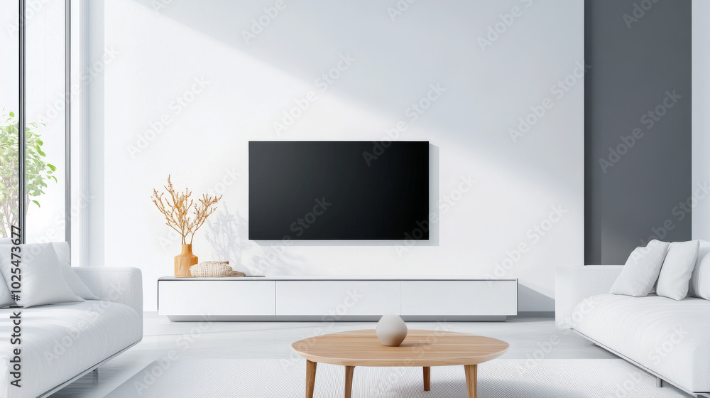A minimalist living room featuring white sofa, wooden coffee table, and sleek TV stand. bright space is enhanced by natural light, creating serene atmosphere A minimalist living room featuring white sofa, wooden coffee table, and sleek TV stand. bright space is enhanced by natural light, creating serene atmosphere