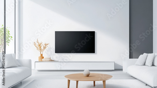 A minimalist living room featuring white sofa, wooden coffee table, and sleek TV stand. bright space is enhanced by natural light, creating serene atmosphere