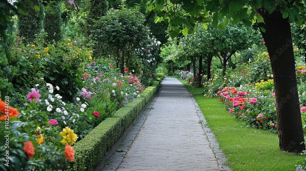 Fototapeta premium Serene Pathway through a Colorful Flower Garden