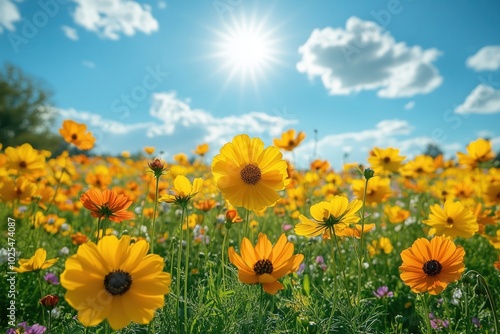 background image of white wildflowers growing in a meadow far into the distance, sunshine bright, 