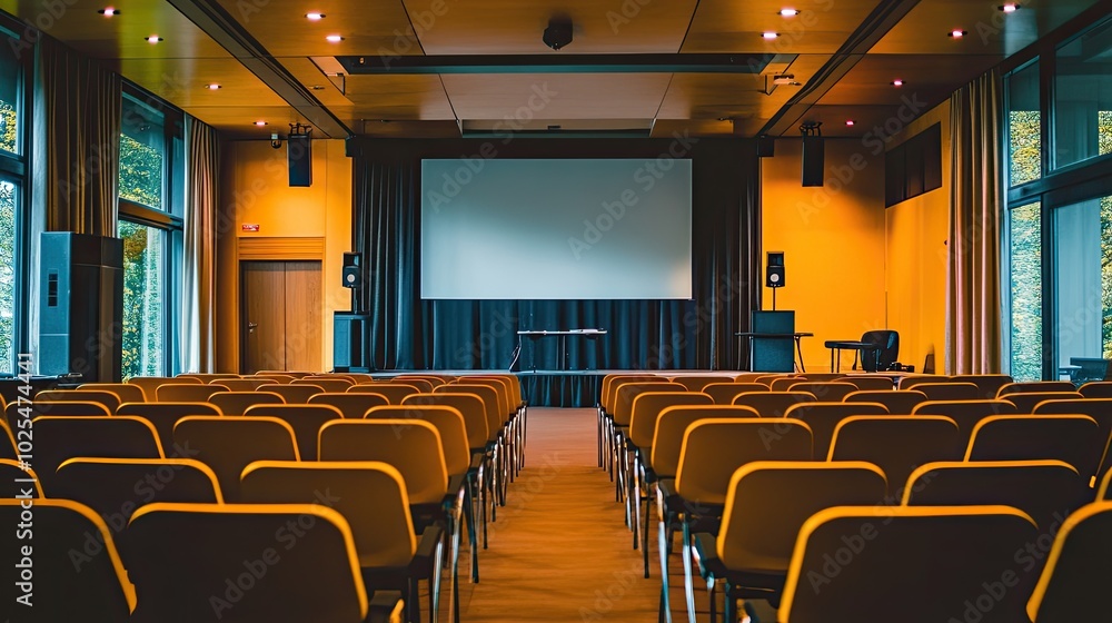 Modern Conference Room with Empty Seats and Screen Modern Conference Room with Empty Seats and Screen